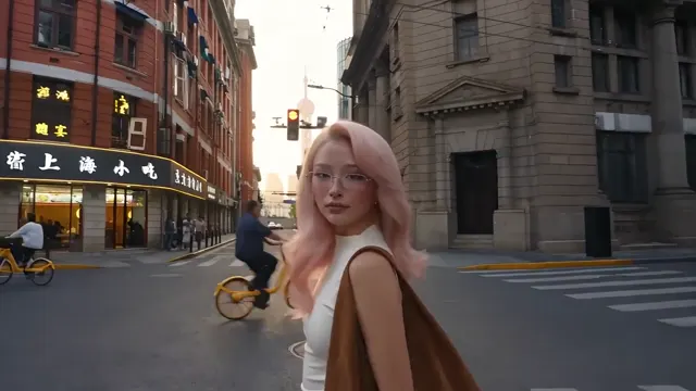 Pink-haired woman on a Shanghai street in warm light